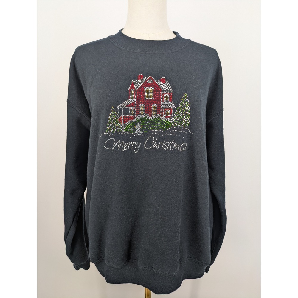 Gildan Sweatshirt Women Medium Black Rhinestone Merry Christmas Y2K Grannycore